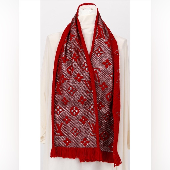 EUC Louis Vuitton Red Metallic Logomania Scarf - Picture 3 of 4